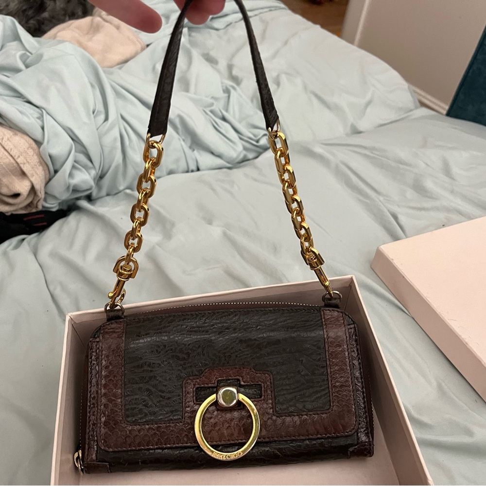 Jimmy Choo brown and black clutch with gold